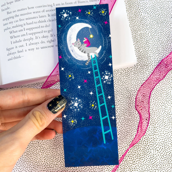 Kitty Reading on the Moon Bookmark