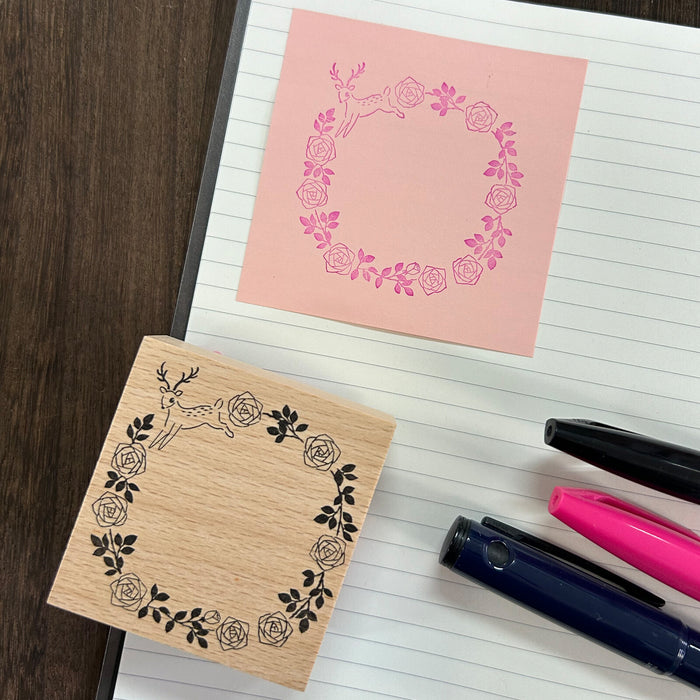 Wood Stamp - Deer & Flowers Frame