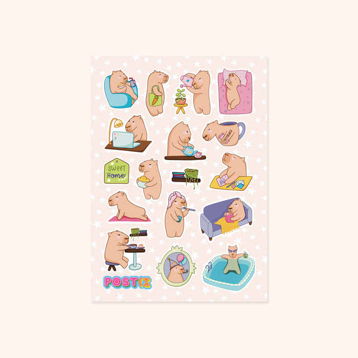 Capybara Daily Life A6 Glossy Sticker Sheet